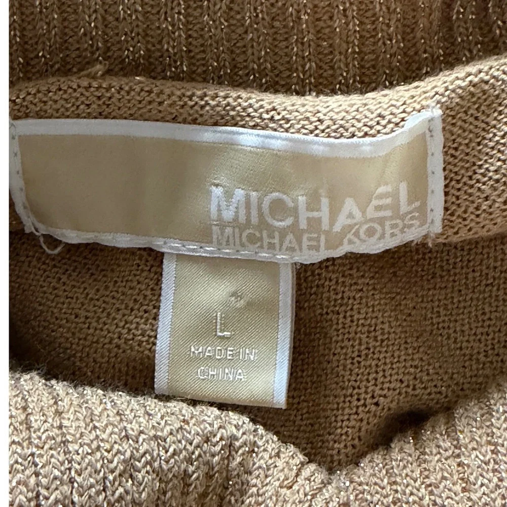 Michael Kors Sweater Womens L Cowl Neck Gold Metallic Side Ruched Zip EUC